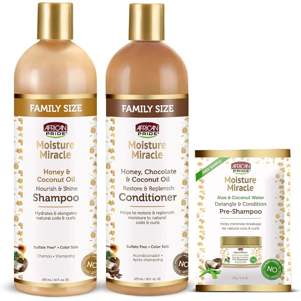 A 473ml bottle of African Pride Moisture Miracle Shampoo & Conditioner. The bottle has a white label with the African Pride logo and product name.