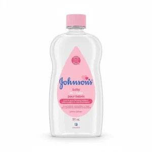 A white bottle of Johnson's Baby Oil with a blue cap. The label shows the Johnson's brand name and indicates it is a 591ml size.