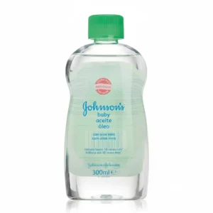 A clear glass bottle with a white label featuring the Johnson's Baby logo. The label also displays the product name 'Aceite/Oleo (Hair Oil)' and indicates the 300ml size.