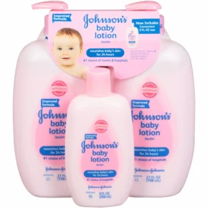 A white bottle of Johnson's Baby Lotion with a blue label. The bottle has a pump dispenser top.
