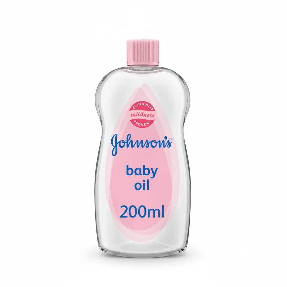 A clear glass bottle of Johnson's Baby Oil with a white cap and label. The bottle contains a clear, light-colored liquid.