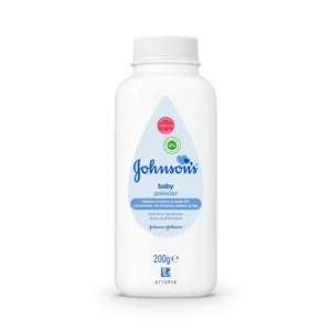 A white bottle of Johnson's Baby Powder with the brand name and product name clearly visible on the label. The powder is a soft, white color.