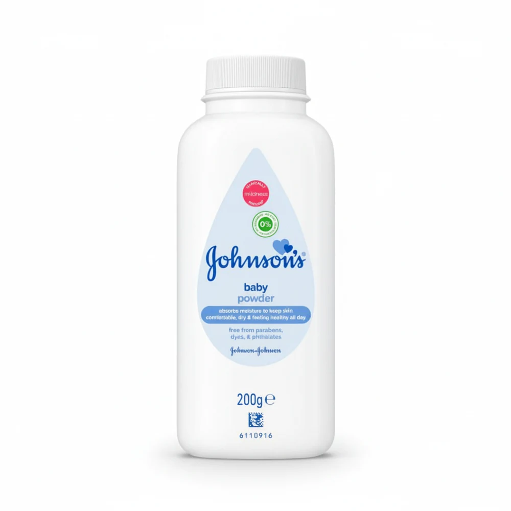 A white bottle of Johnson's Baby Powder with the brand name and product name clearly visible on the label. The powder is a soft, white color.