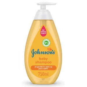 A white bottle of Johnson's Baby Shampoo with a blue label. The bottle contains 750ml of the gentle, tear-free shampoo formula.