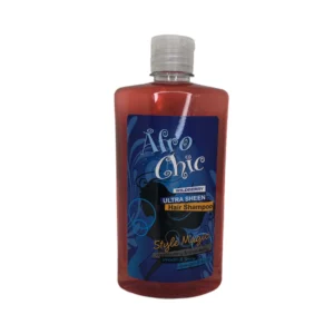 A bottle of Afro Chic Wildberry Ultra Sheen Hair Shampoo & Conditioner. The bottle has a purple and white label with the Afro Chic logo and product name.