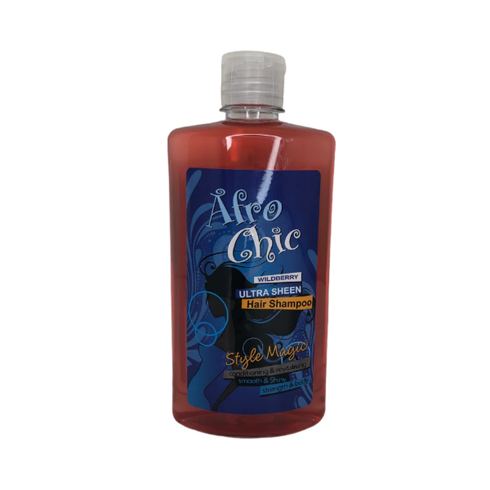 A bottle of Afro Chic Wildberry Ultra Sheen Hair Shampoo & Conditioner. The bottle has a purple and white label with the Afro Chic logo and product name.