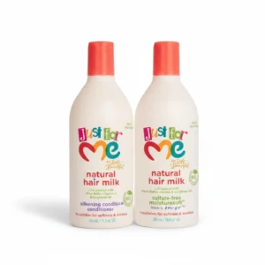 A bottle of Just for Me Shampoo & Conditioner in a light blue color, with a white label displaying the product name.