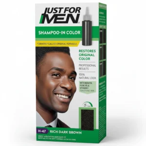 A bottle of Just For Men Shampoo-In Color hair dye in the Dark Brown shade. The bottle has a blue and white label with the product name and color variant.