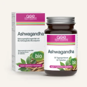 A resealable pouch containing light brown organic ashwagandha powder