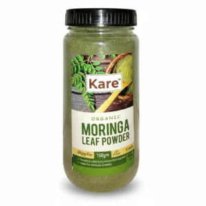 A bottle of Kare Moringa Powder with a green label. The powder is a vibrant green color.