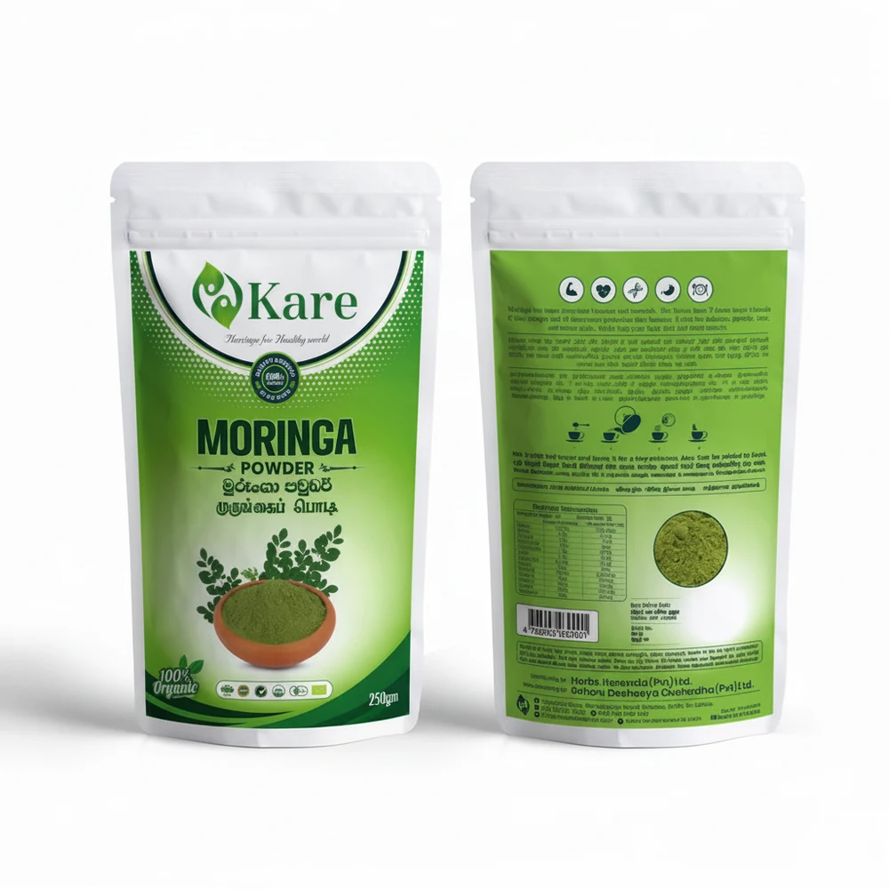 A resealable pouch containing 250g of green Moringa powder. The label features the Divine Foods brand name and highlights the product's key benefits such as high nutrition, antioxidants, and blood sugar control.