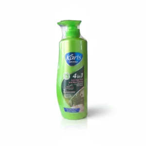A bottle of Karis 4in1 Conditioning Shampoo in a light blue and white color scheme. The label features the product name and key ingredients like Mais Crespos and Passion Fruit.