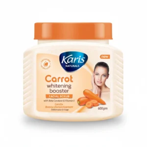 A jar of Karis and Bio Lux Exfoliating Body Scrub in a white and green label design. The jar contains a brown, grainy scrub formula.