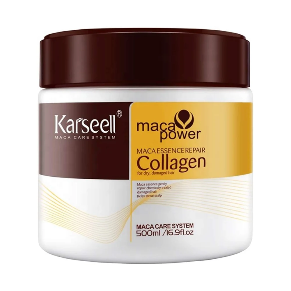 A 500ml bottle of Karis Hair Treatment Mask with a white and gold label. The bottle has a pump dispenser top.
