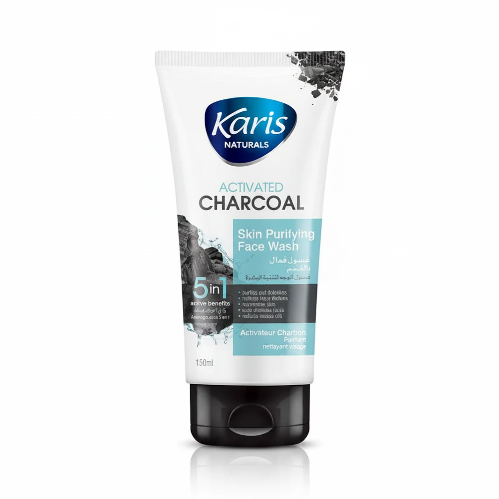 A bottle of Karis Naturals Vitamin C Glow Reviving Face Wash. The bottle has a yellow label with the brand name and product name, and the bottle is clear, showing the light yellow-colored face wash inside.