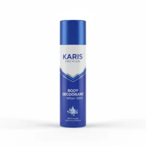 A 200ml bottle of Karis Premium All Day Fresh Rejoice Body Deodorant Spray. The bottle has a white label with the Karis logo and product name in pink and green text.