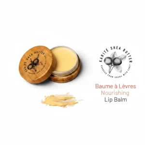 A round, white lip balm container with the Karite logo and label on a plain background.