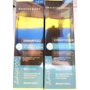 A 1000 ml bottle of Keratine Queen Argan Shampoo and Conditioner. The bottle has a white label with the brand name and product details in black text.