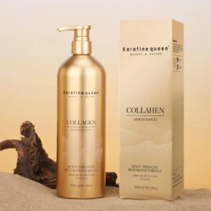 Bottle of Keratine Queen Moroccan Collagen Oil Shampoo and Conditioner in white and gold packaging