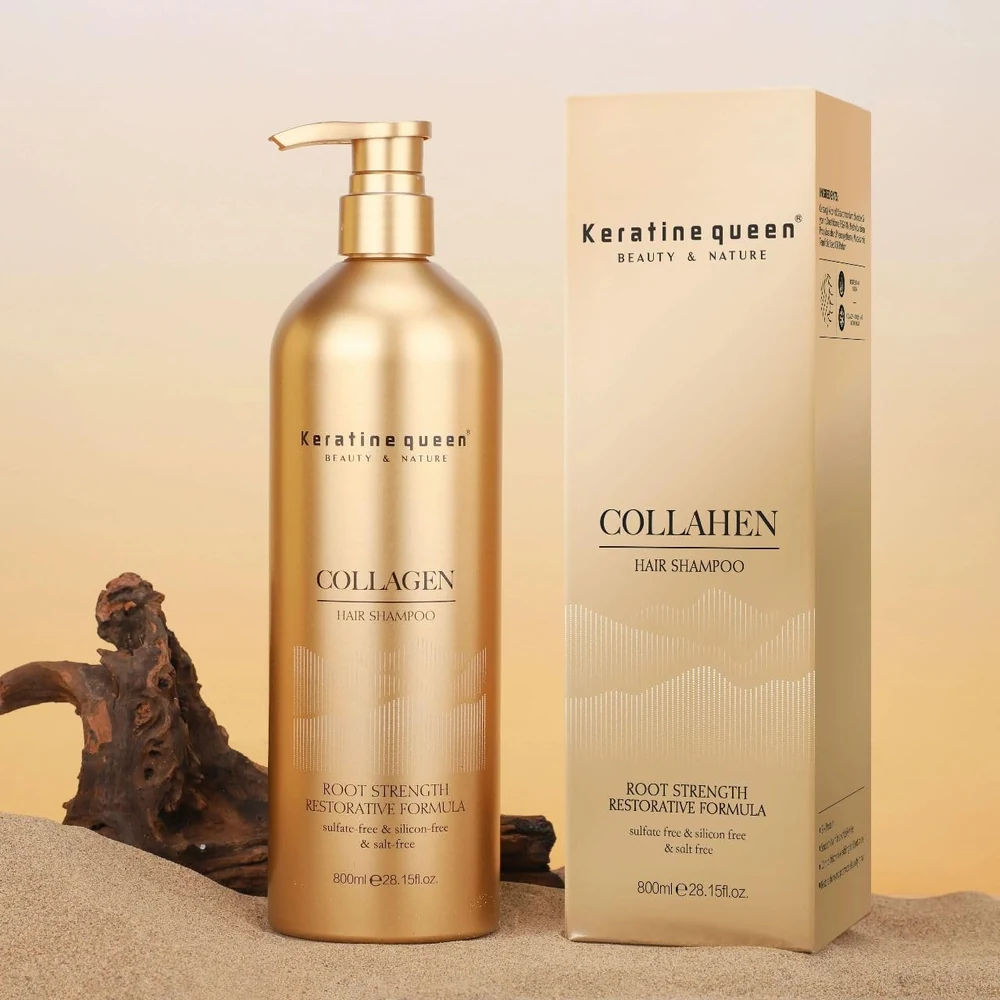 Bottle of Keratine Queen Moroccan Collagen Oil Shampoo and Conditioner in white and gold packaging