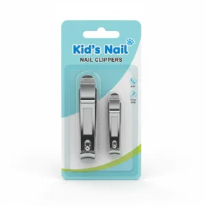 A rechargeable electric nail clipper with a white and blue color scheme. The clipper has a built-in catcher to collect nail clippings.
