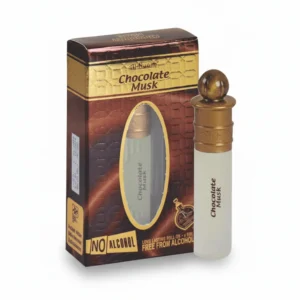 A small, cylindrical roll-on bottle with a black cap and label. The label features the Al-Nuaim brand name and indicates the 'Chocolate Musk' fragrance.