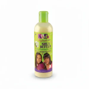 A bottle of Africa's Best Kids Originals Shea Butter Detangling Moisturizing Hair Lotion. The bottle is white with a green label and features an image of a child's face. The label displays the product name and size.