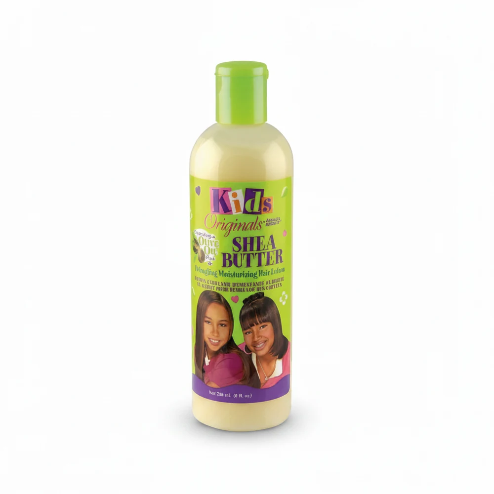 A bottle of Africa's Best Kids Originals Shea Butter Detangling Moisturizing Hair Lotion. The bottle is white with a green label and features an image of a child's face. The label displays the product name and size.