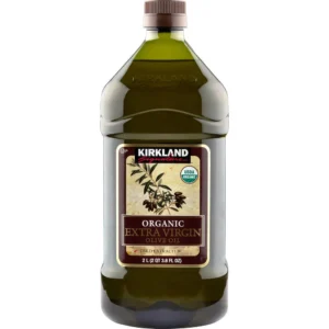 A 2-liter bottle of Kirkland Organic Extra Virgin Olive Oil with a green and white label