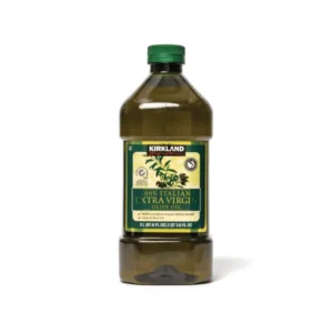 A 2L bottle of Kirkland Signature Organic Extra Virgin Olive Oil with a green and white label