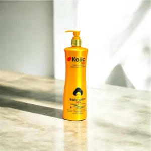 A white bottle with a blue and gold label, containing a light-colored skin brightening lotion