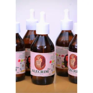 A bottle of Alecrim Rosemary Hair Oil with a green and white label. The bottle is clear, showing the amber-colored oil inside.