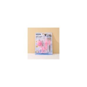 A pink 4-in-1 baby nail care set including a nail clipper, scissors, file, and tweezers