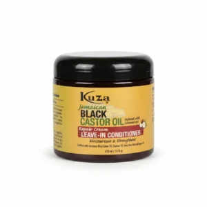 A 473ml bottle of Kuza Leave-In Conditioner with a white label and green accents. The bottle has a pump dispenser.