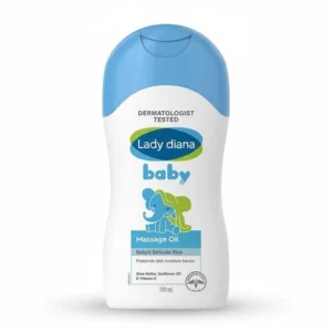 A clear glass bottle with a white cap, containing a transparent, light yellow-colored baby oil. The label on the bottle has the Lady Diana logo and name.