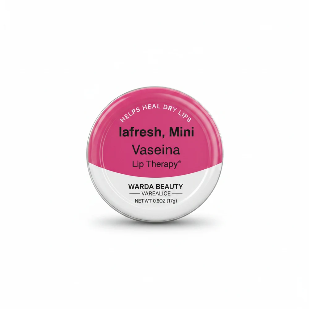 A set of three mini lip balm tubes in different colors - pink, green, and purple. The tubes have the Lafresh, Warda Beauty, and Vaealice brand names printed on the labels.