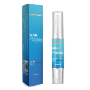 A small glass bottle with a white cap, containing a clear liquid. The label on the bottle displays the Lanthome brand name and 'Nail Fungus Treatment' text.