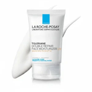 A white and blue tube-shaped bottle of La Roche-Posay Toleriane Double Repair Face Moisturizer SPF 30. The label features the La Roche-Posay logo and product name.