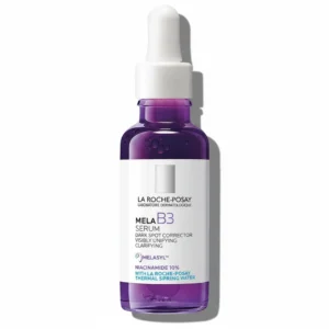A bottle of La Roche-Posay Mela Serum with a white label and blue cap. The label displays the product name and key ingredients Melasyl and niacinamide.