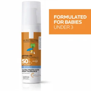A white bottle with the La Roche-Posay logo and 'Anthelios Dermo-Pediatrics SPF 50+' label. The bottle contains a white, lotion-like sunscreen product.
