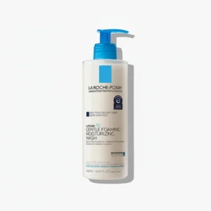 A white bottle with a blue label, containing a gentle foaming moisturizing wash from the La Roche-Posay brand. The bottle is 400ml in size.