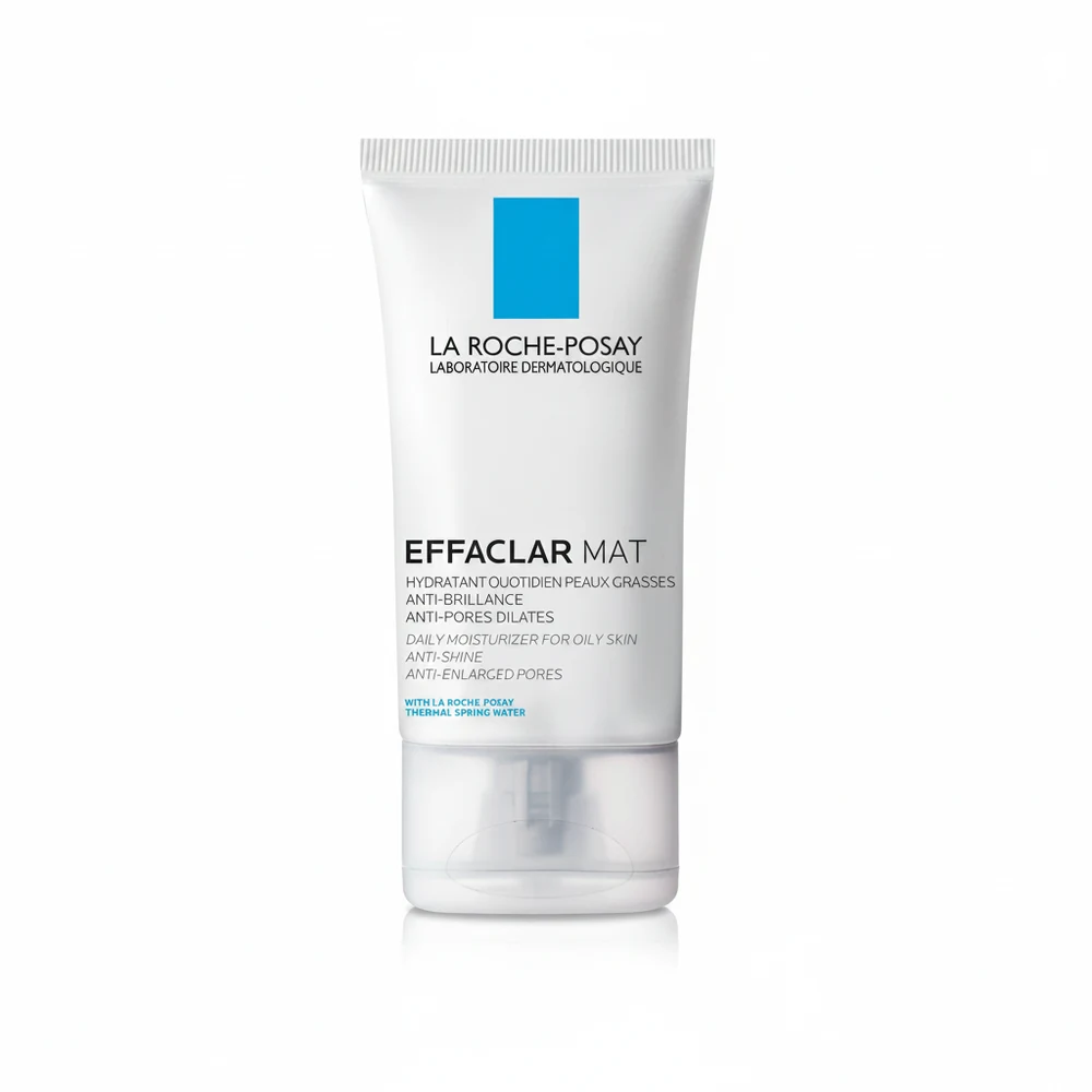 A white bottle with a blue cap, labeled 'La Roche-Posay Effaclar Mat Oil-Free Mattifying Moisturizer 40ml'