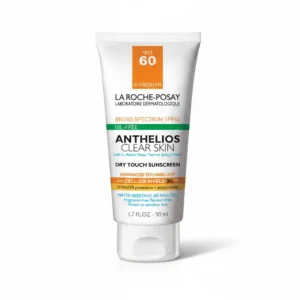 A white bottle with a blue label that says 'La Roche-Posay Anthelios Clear Skin Dry Touch Face Sunscreen SPF 60'. The bottle contains 1.7 oz of product.