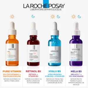 A clear glass bottle with a white and blue label containing La Roche-Posay Hyalu B5 + Retinol Anti-Aging Serum