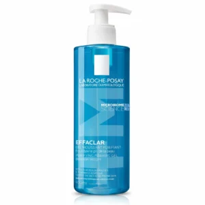 A white bottle with a blue and white label that says 'La Roche-Posay Toleriane Purifying Foaming Cleanser' and shows the product inside.