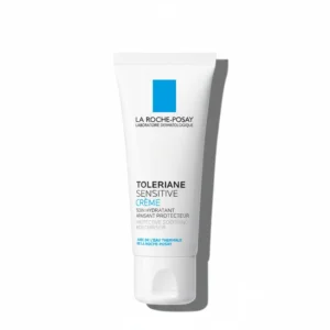 A white bottle with a blue and white label that says 'La Roche-Posay Toleriane Sensitive Skin Moisturizer 40ml'. The bottle has a pump dispenser on top.