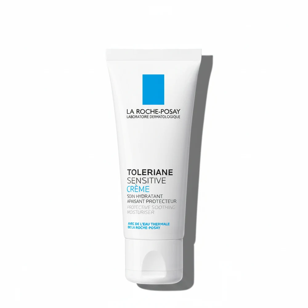 A white bottle with a blue and white label that says 'La Roche-Posay Toleriane Sensitive Skin Moisturizer 40ml'. The bottle has a pump dispenser on top.