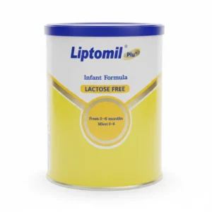 A tin of Liptomil Lactose Free Infant Formula in a light blue and white color scheme. The label prominently displays the Liptomil brand name and indicates that the formula is lactose-free.