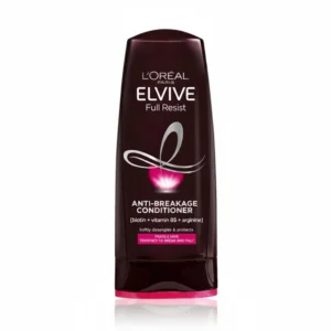 A 400ml bottle of L'Oreal Paris Elvive Breakage Fighter Conditioner with a white and blue label