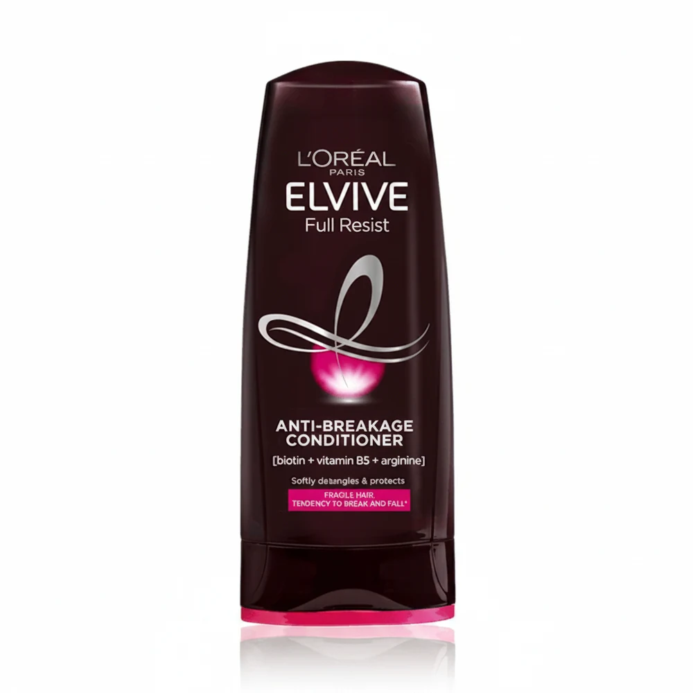 A 400ml bottle of L'Oreal Paris Elvive Breakage Fighter Conditioner with a white and blue label